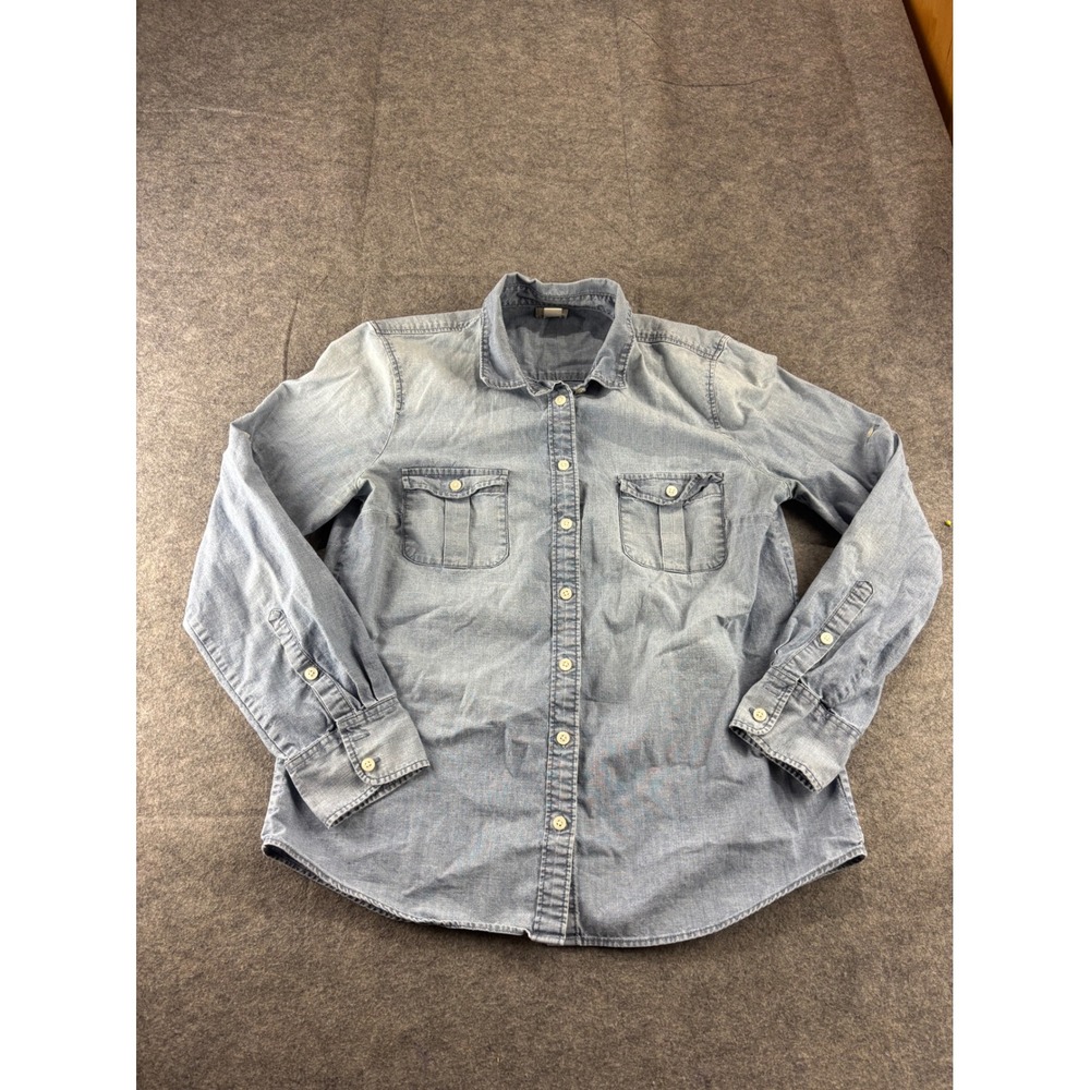 J.Crew Womens M Light Wash Denim Chambray Button Down Shirt Tree Embroidery SEE
